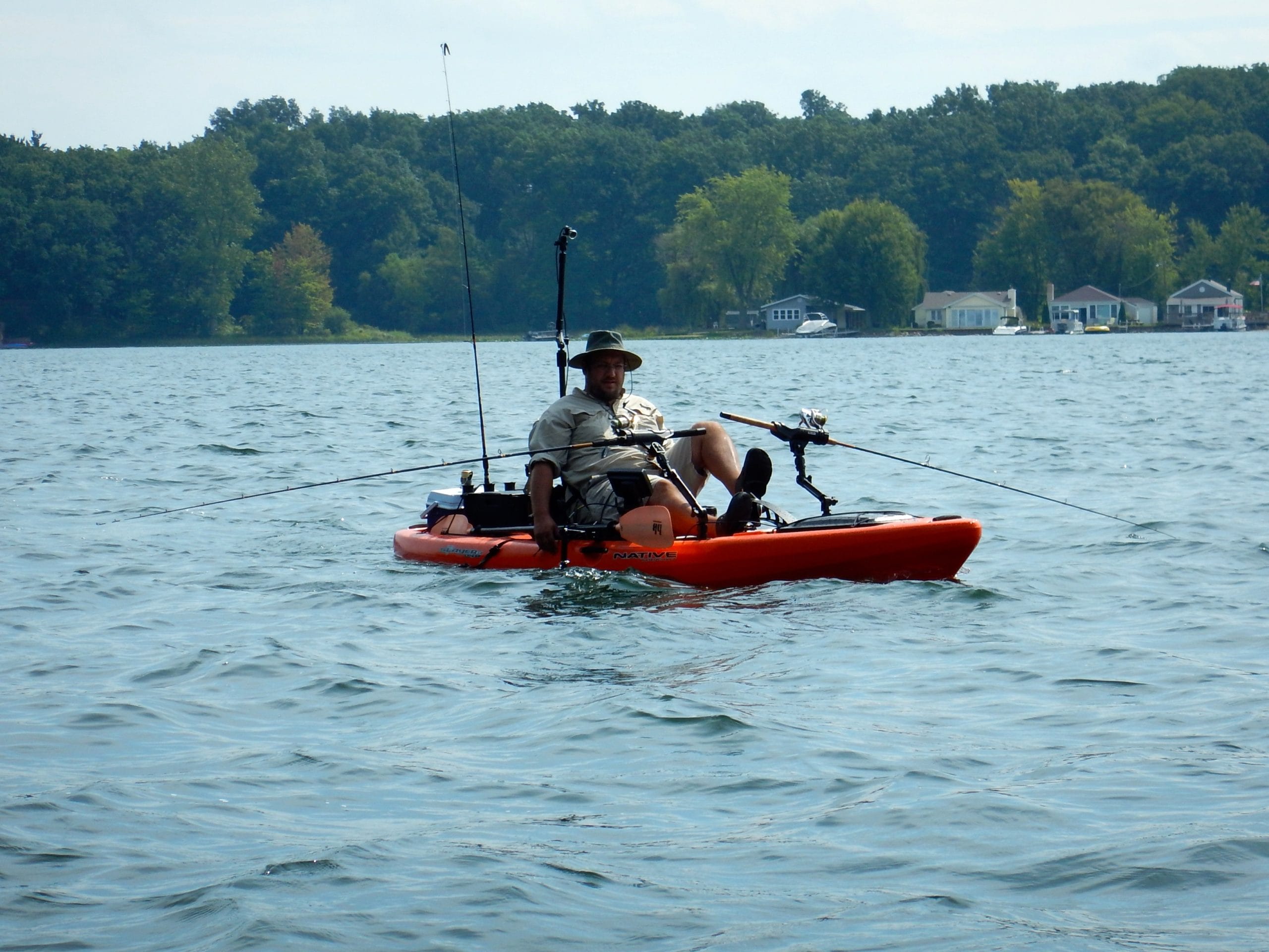 This angler in a Native Slayer 13 Propel kayak pedals as if in a bicycle to move ahead and pedals in reverse to back up.