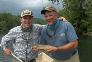 Patrick Fulkrod (left) and the author landed more than two dozen brown trout like this while fishing the Watauga River.       