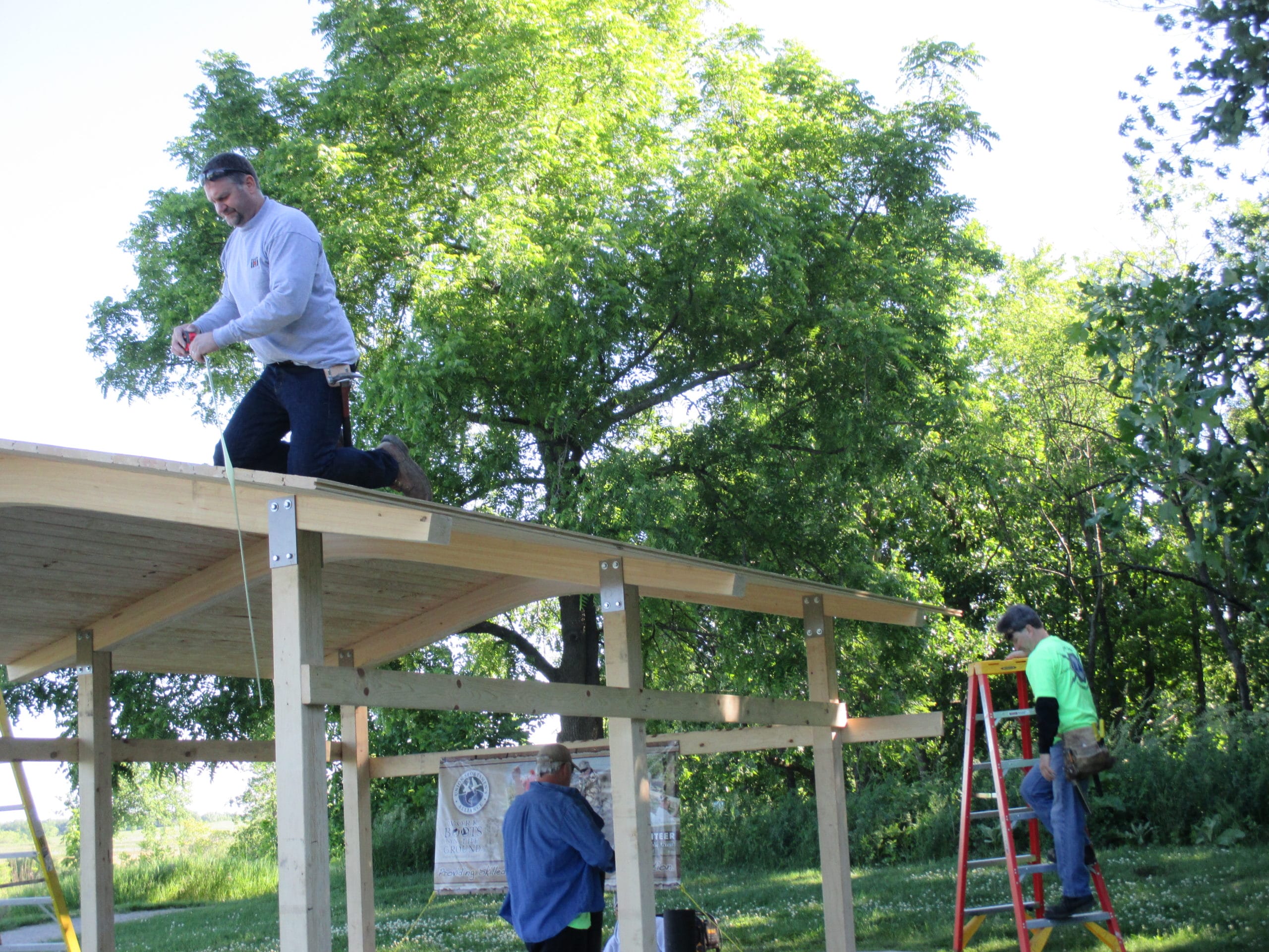 Union volunteers spent the day building a roof on a picnic pavilion, to help shelter visitors, along The Egret Trail at Horicon Marsh, in Mayville, Wisconsin.