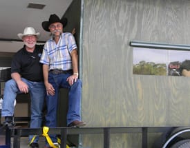 Mike Cramer (L) and Hugo Kraft show off the handicap hunting blind that Kraft built using funds from the USA's Texas Gulf Coast Conservation Dinner Cramer helped organize.