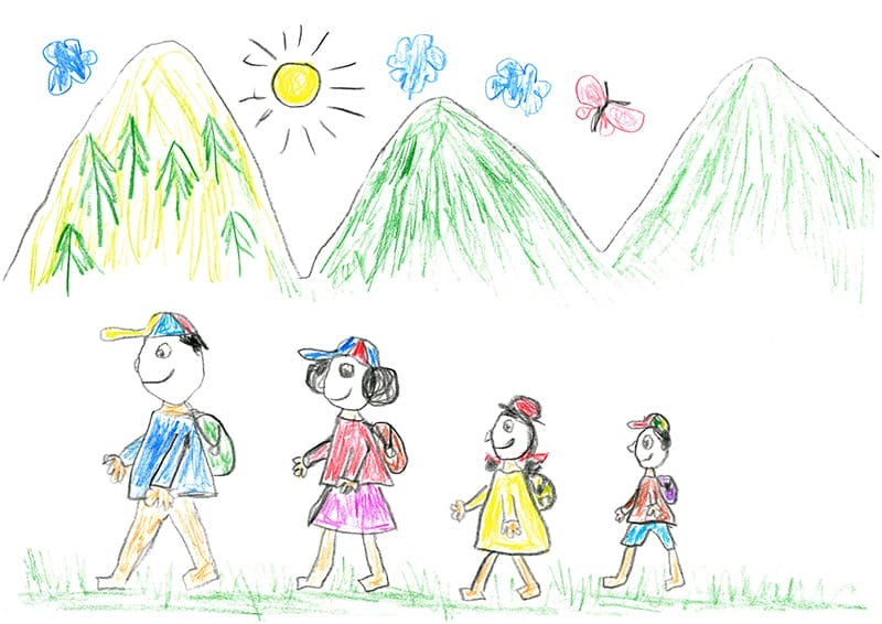 image: child's drawing of family hiking