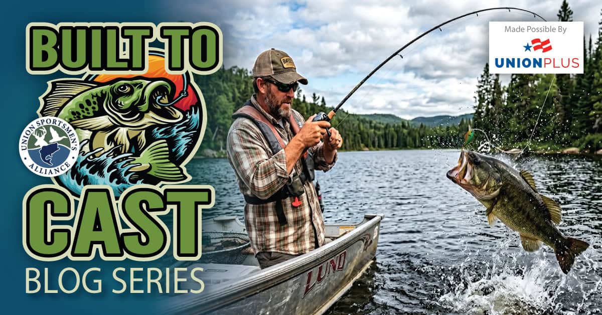 Built to Cast Blog Series with angler reeling in fish on lake. 