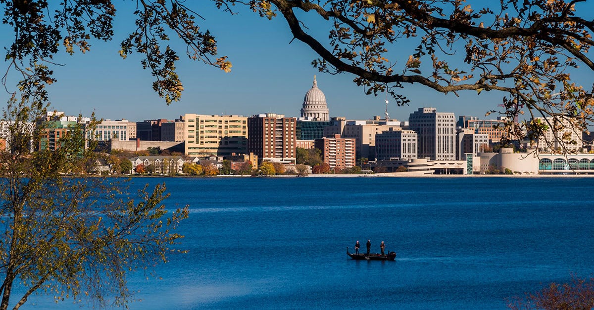 image: Madison, WI skyline over lake