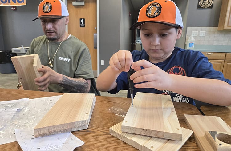 image: man and child assembling birdhouse