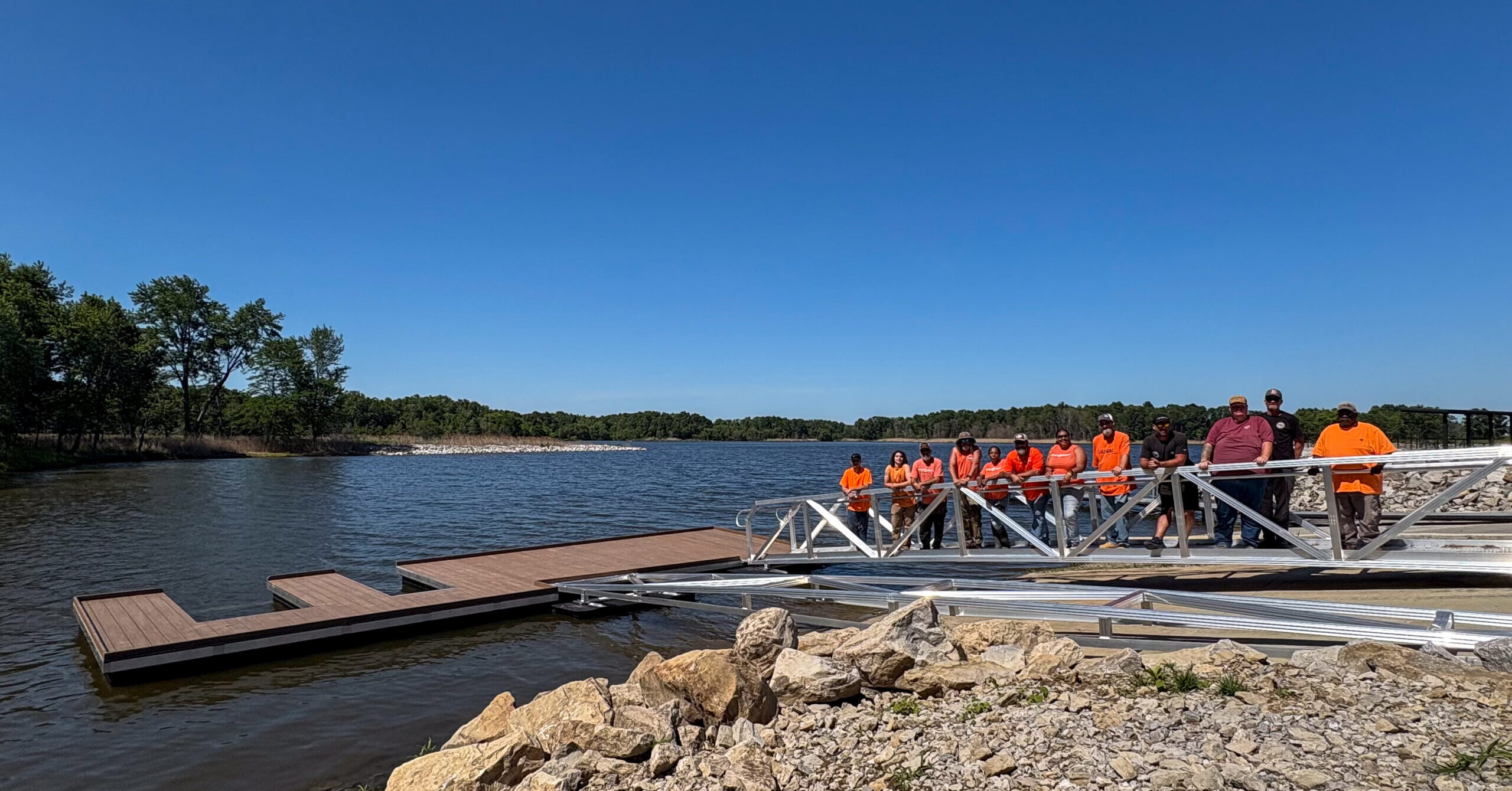 Union volunteers finish the dock installation.